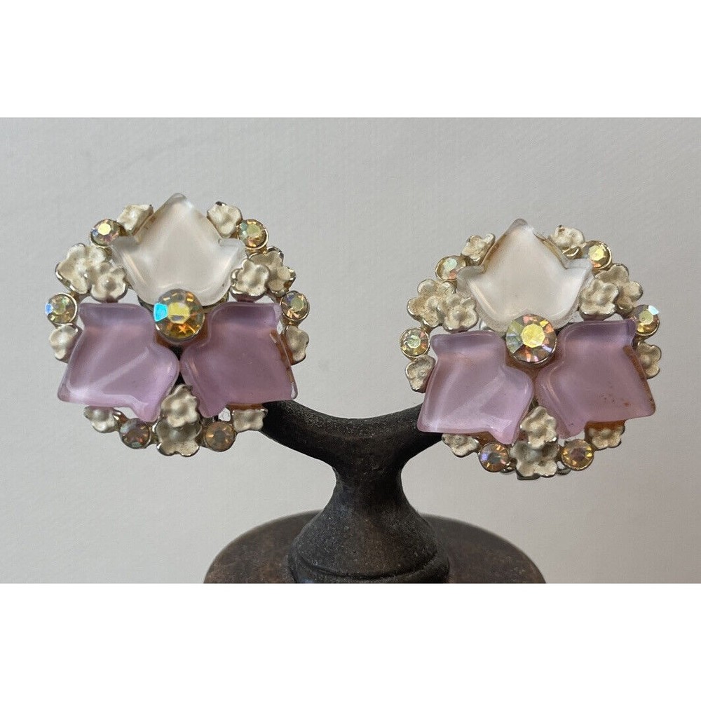 Vintage BSK Leaf Flower Rhinestone Clip on Earrings Purple White Gold tone